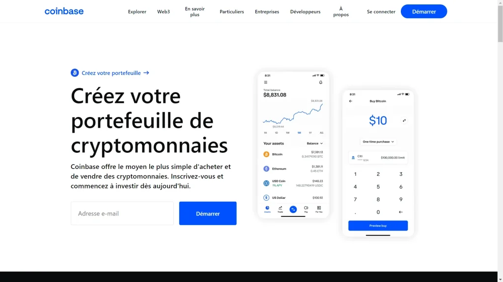 une page de creation d'un compte de coinbase avecun exemple d'achat de bitcoin a $10