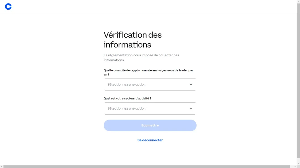une vérification des informations relatives à la quantité de crypto-monnaies à trader et le secteur d'activité de l'utilisateur